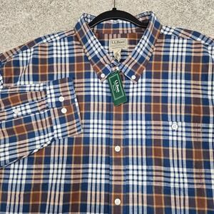 LL Bean Comfort Stretch Chambray shirt men 2XL Button Long Sleeve blue plaid NEW